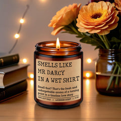 Book lovers gift candle with Mr Darcy humor