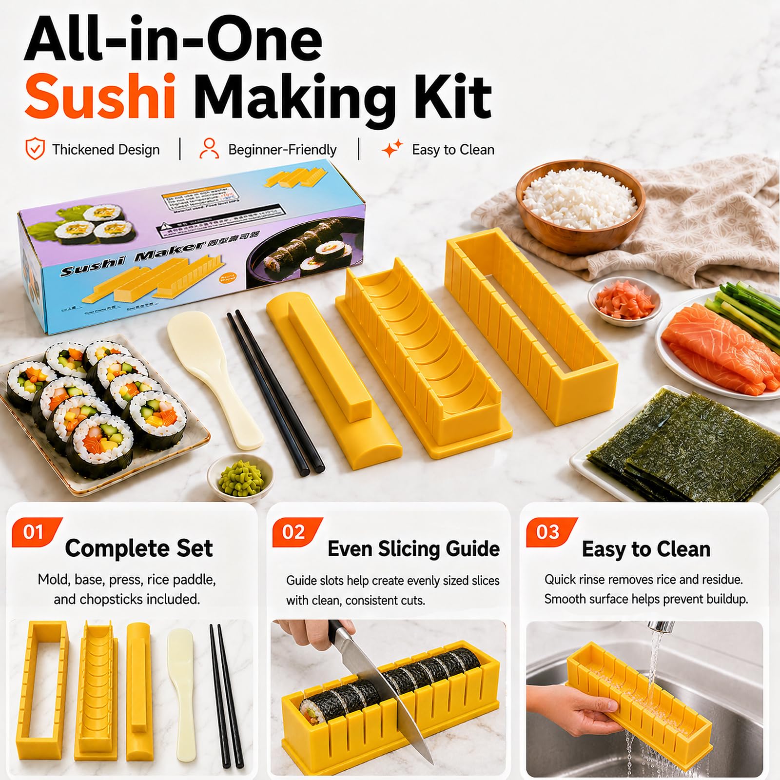 Guided sushi mold set with rice spoon and chopsticks