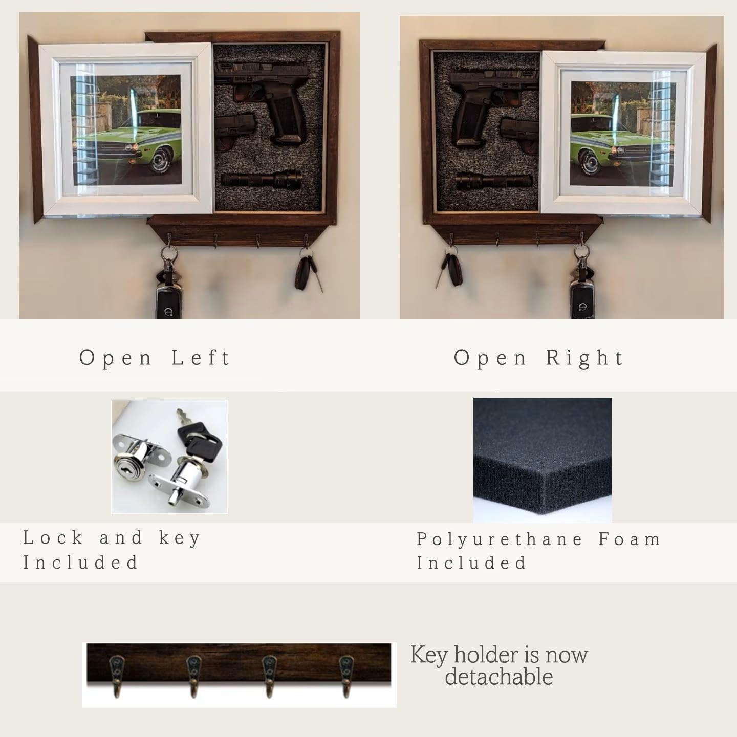 Wooden entryway hidden storage photo frame with key holder