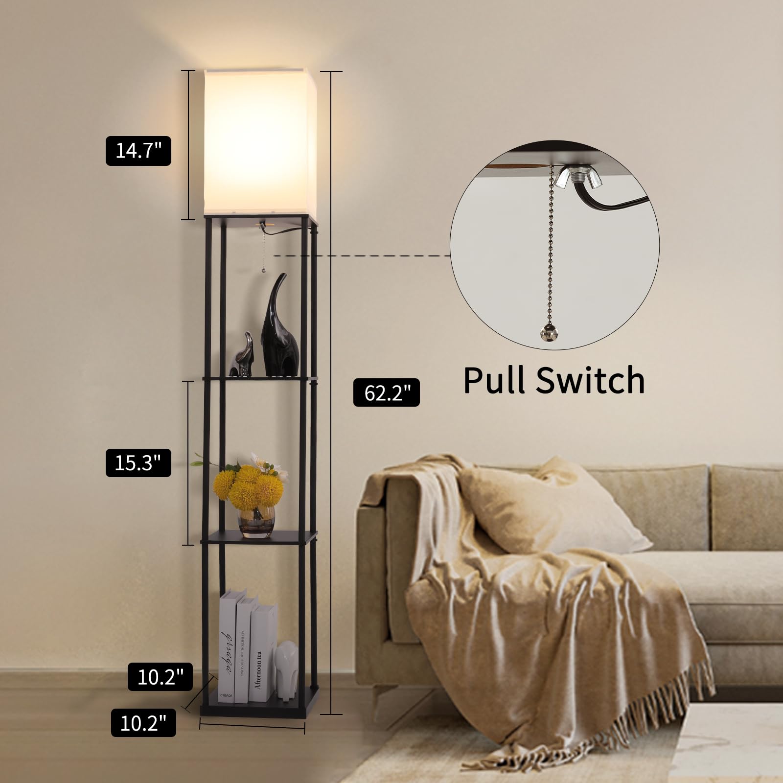 Gupuzm floor lamp shelves showing storage capacity