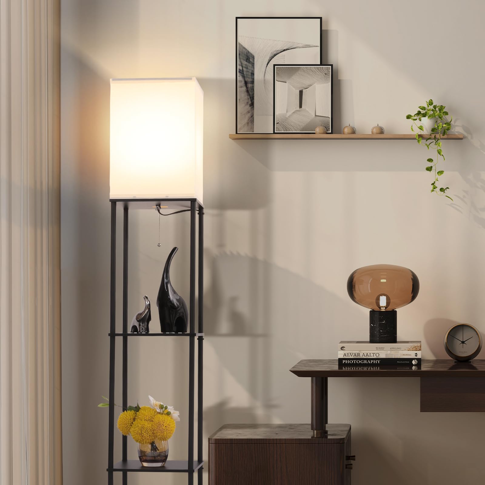 Gupuzm floor lamp with shelves used beside a desk or sofa