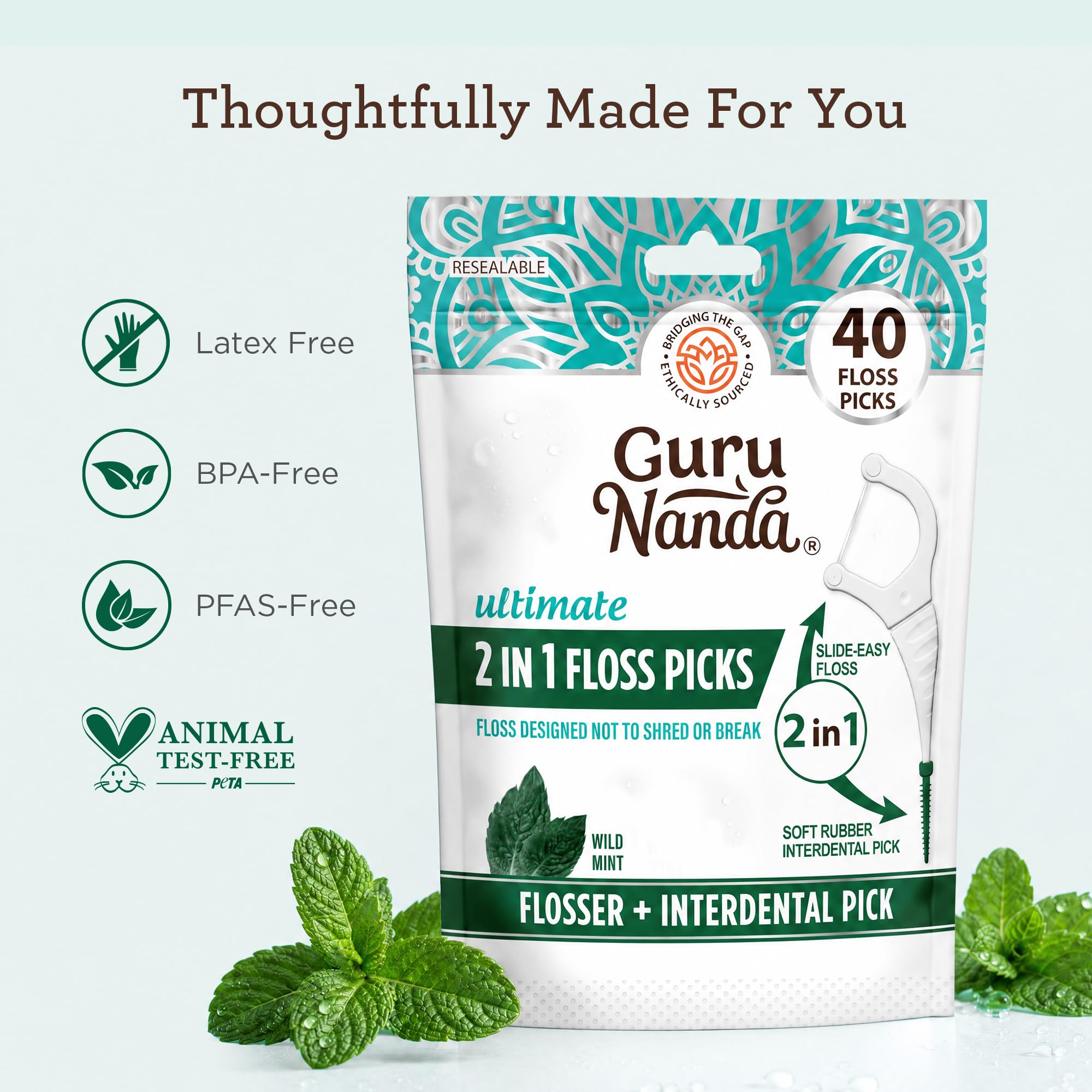 GuruNanda 2 in 1 dental floss picks shred-resistant
