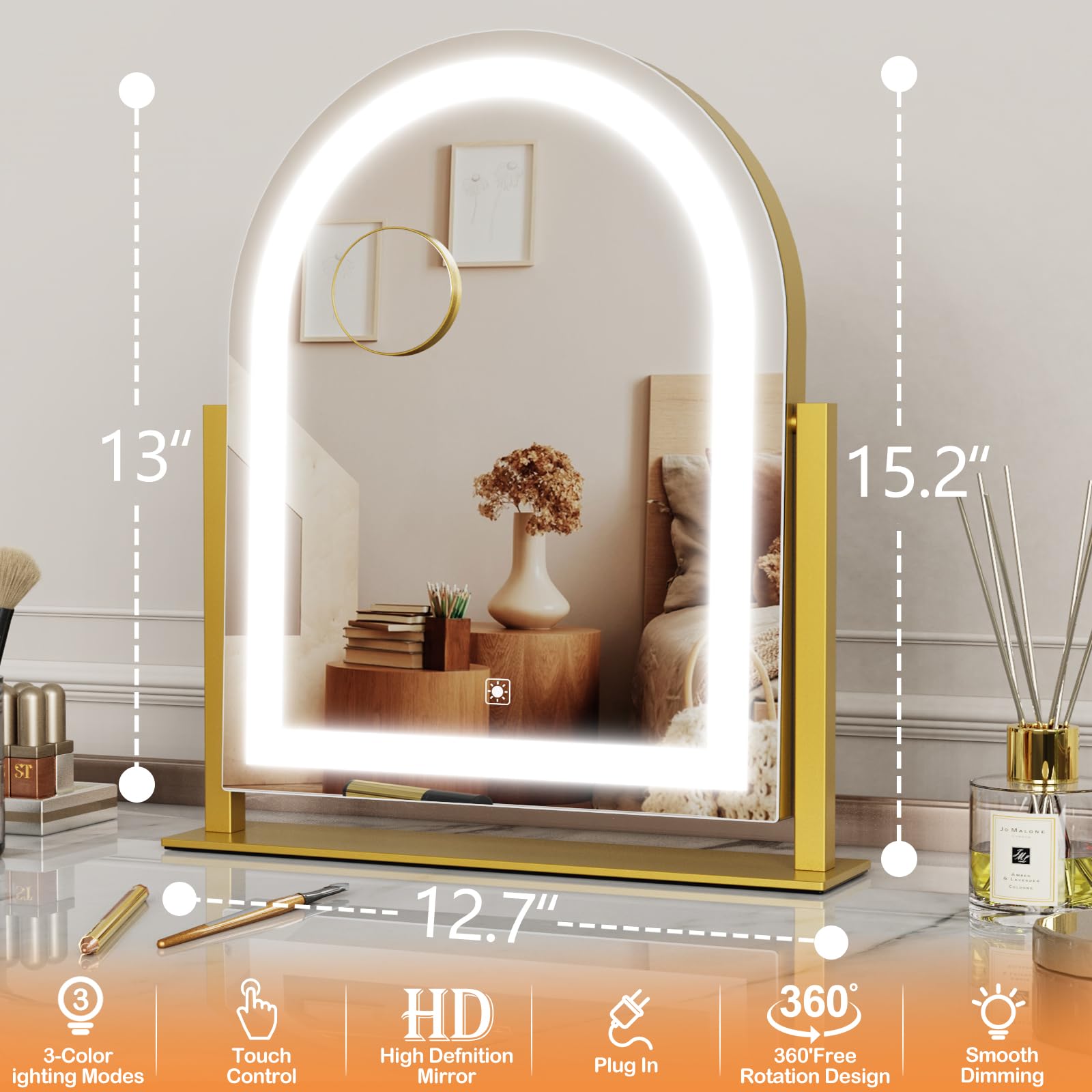 360-degree rotating main mirror with detachable magnifier
