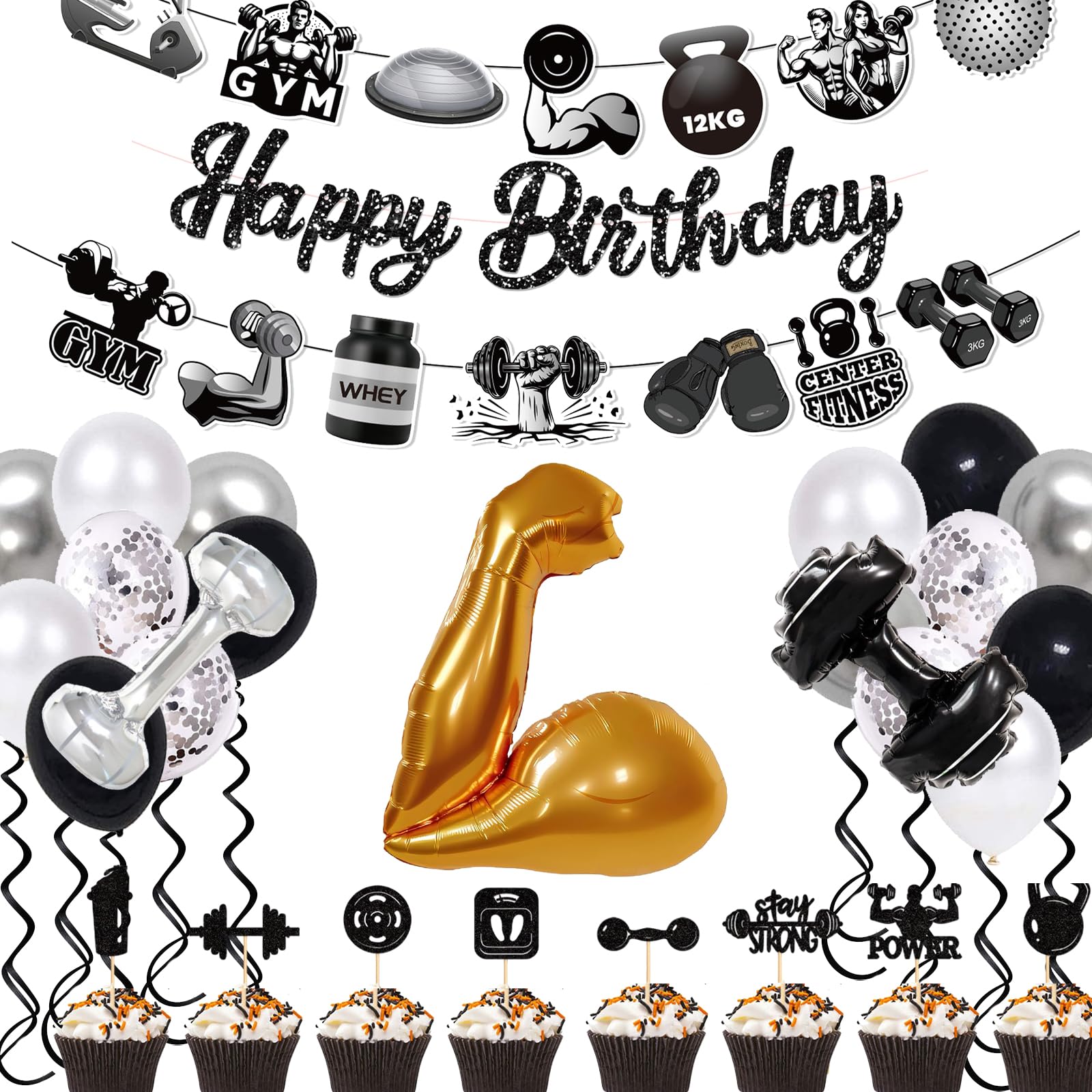 Gym Birthday Party Decorations kit with banner and gold muscle balloon