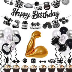 Gym Birthday Party Decorations kit with banner and gold muscle balloon