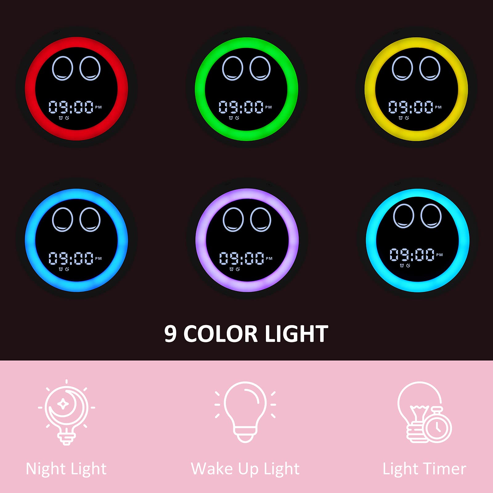 Night light with 9 colors and dimmable clock face