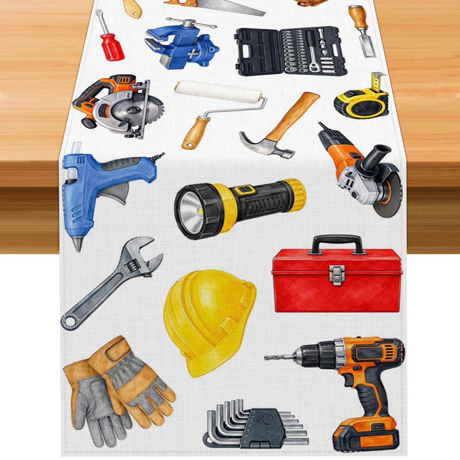 Hafangry Handyman Tools table runner 13x72 inches on dining table