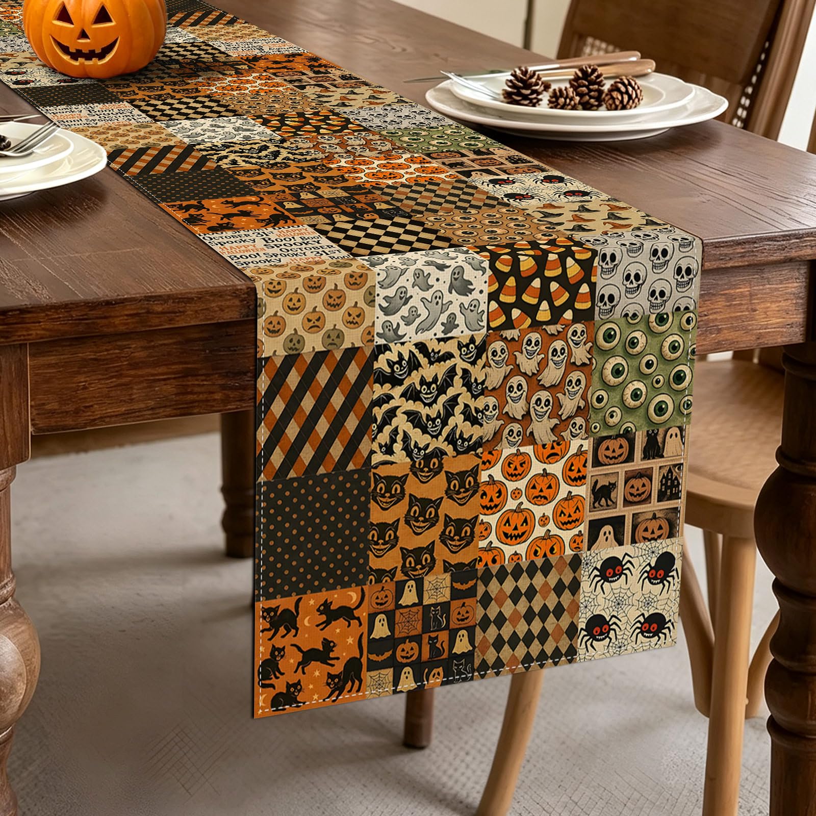 Hafangry Vintage Halloween Patchwork Table Runner on dining table