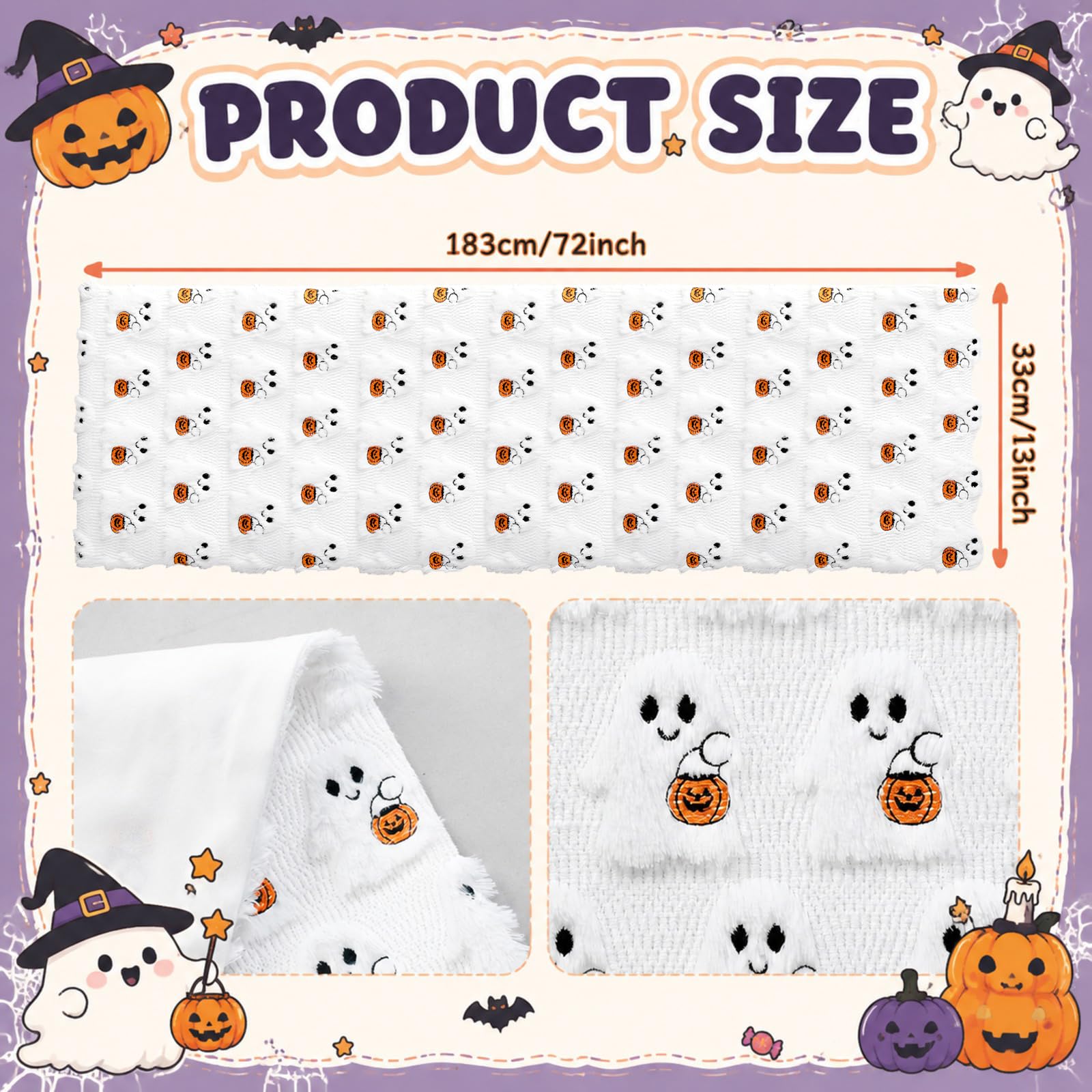 White orange black Halloween ghost table runner with plush details