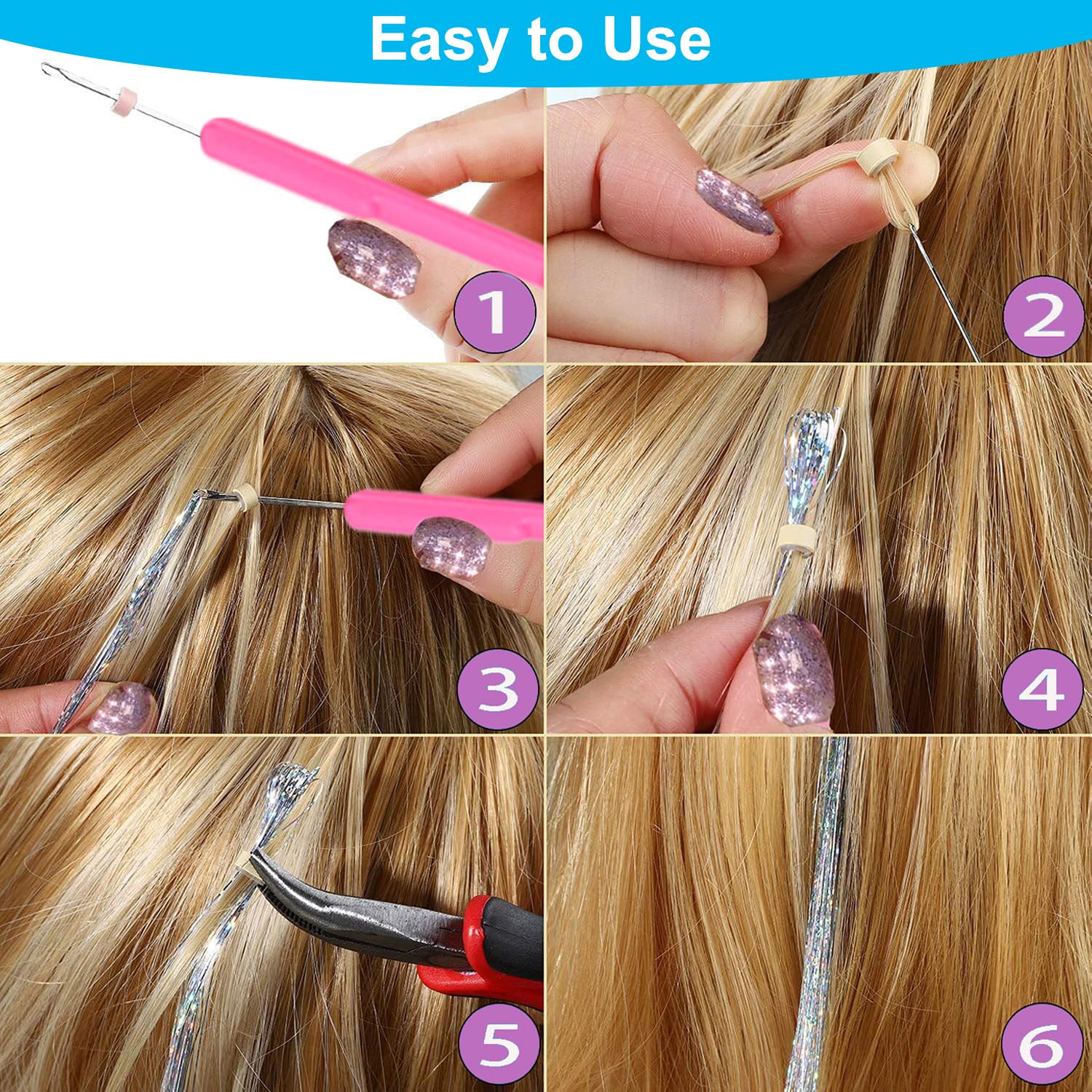 Colorful tinsel extensions suitable for braids ponytails curls