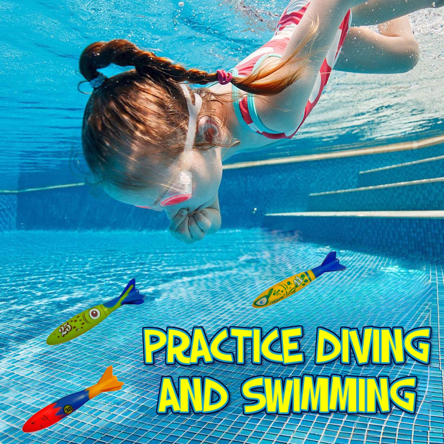 Eight sinking torpedo toys for pool play by Haktoys