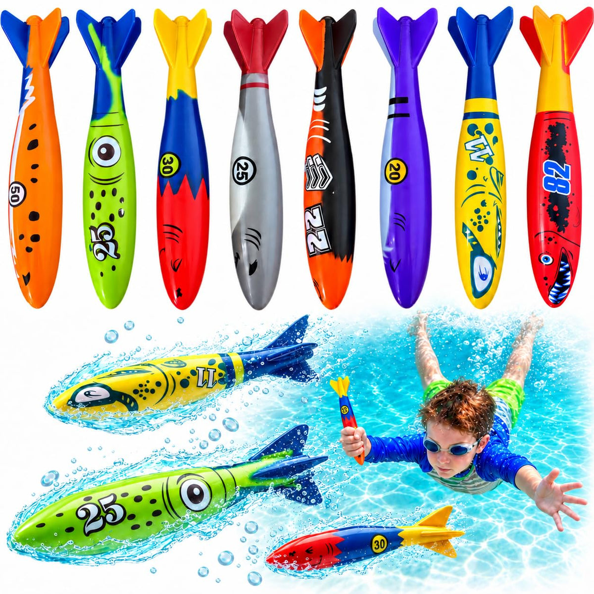 Haktoys pool diving toy set 8 torpedoes arrangement