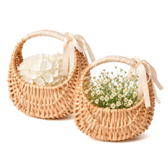 Half Moon Wicker Basket with handle and white ribbon