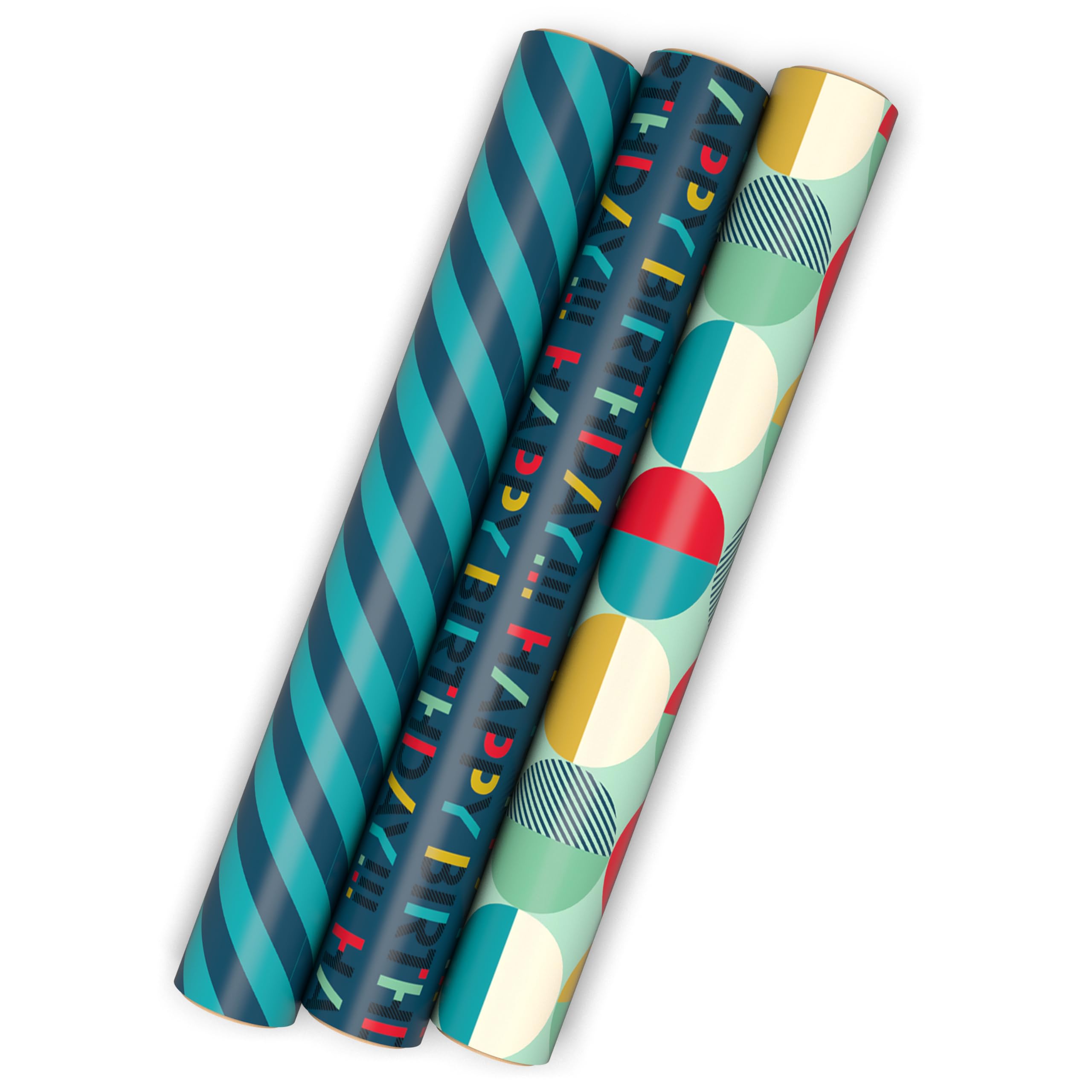 Three mini rolls showing teal navy birthday patterns Hallmark