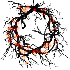 Halloween Black Branch Wreath with red lights for front door