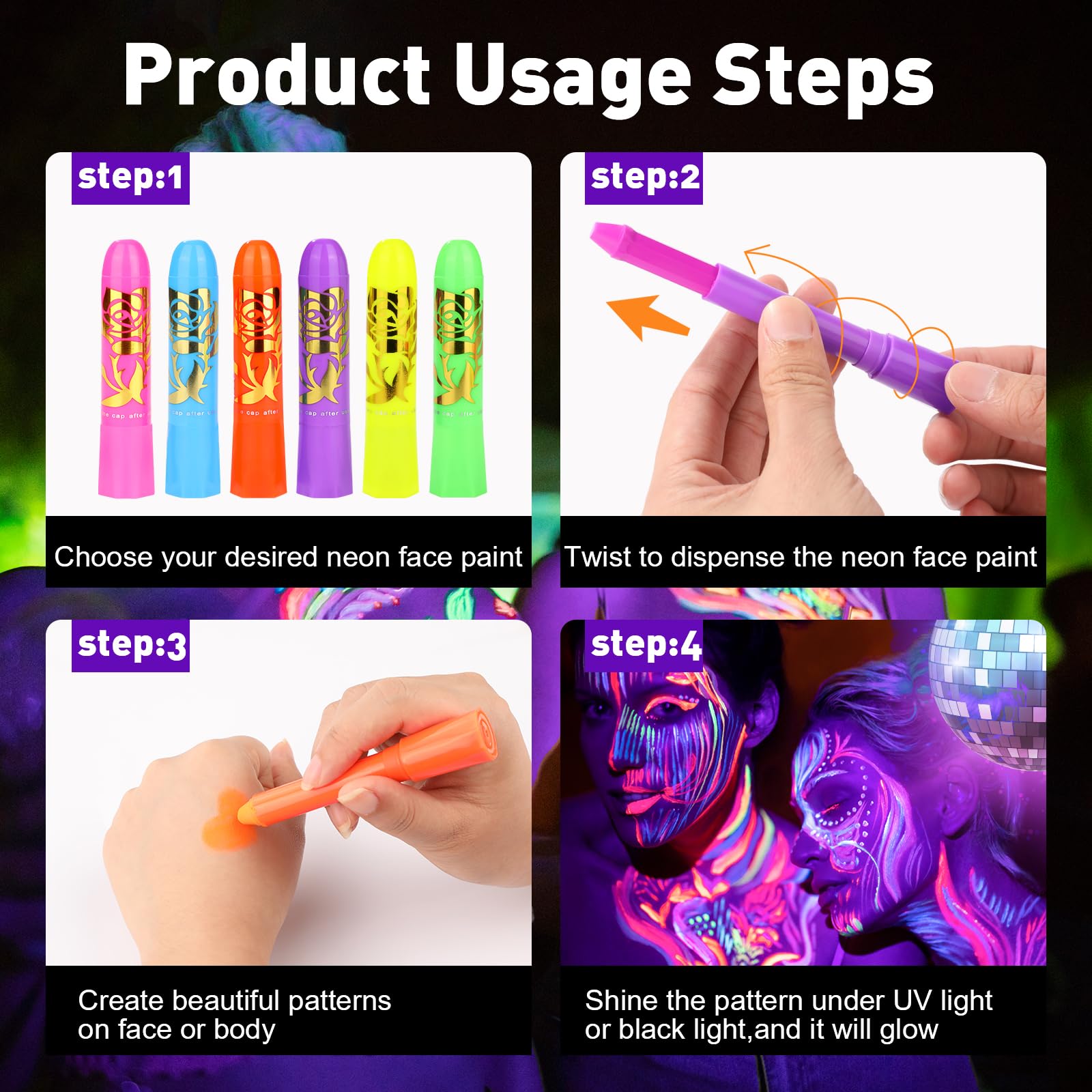 Twistable glow paint sticks easy to apply and remove
