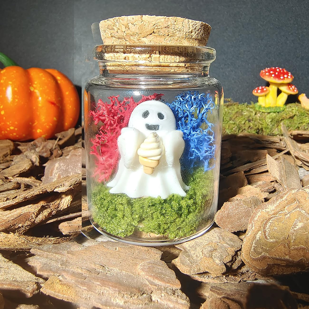Ghost eating ice cream inside glass jar