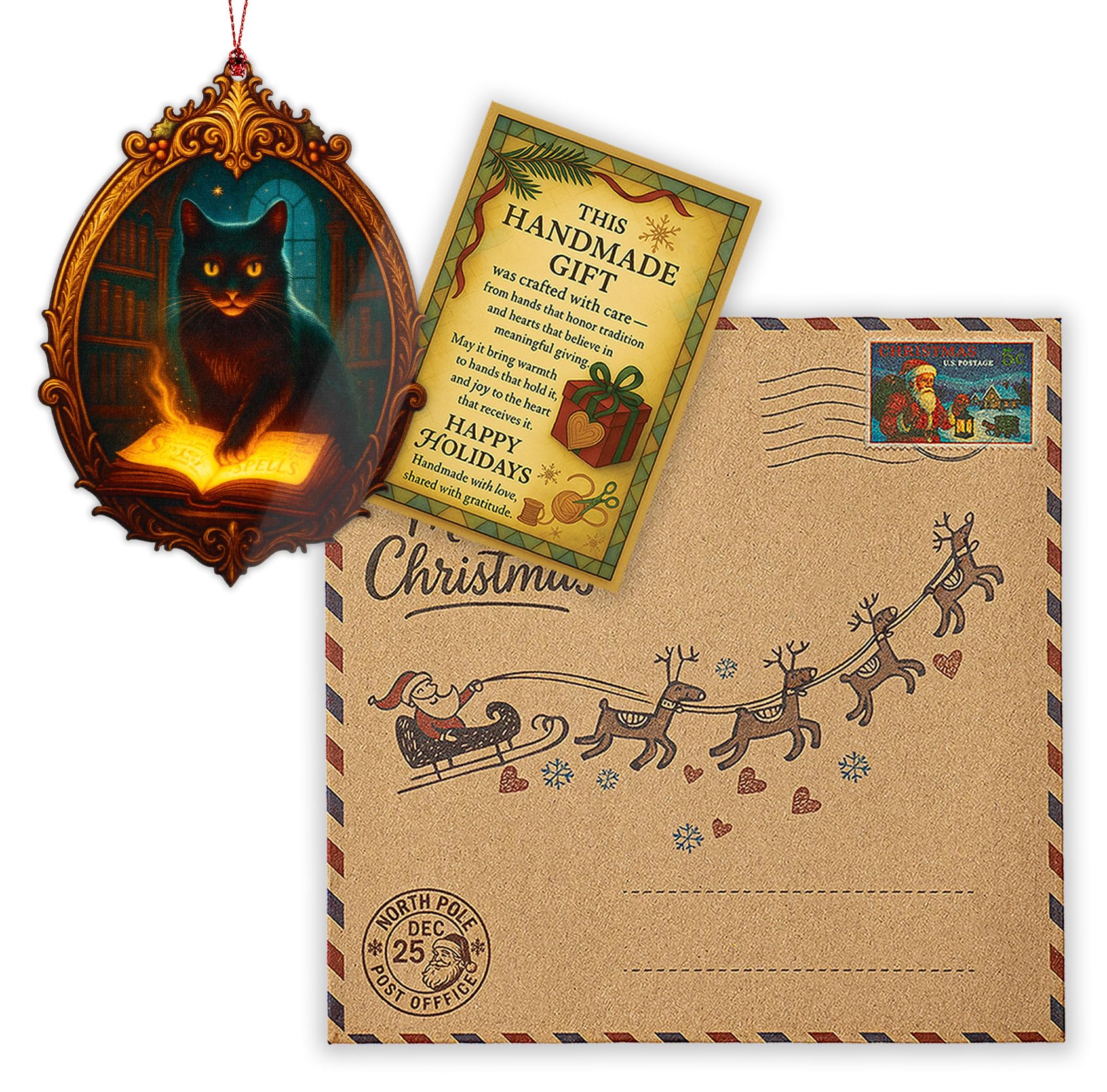 Halloween gothic cat ornament packaging and story card