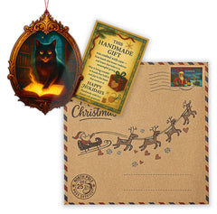 Halloween gothic cat ornament packaging and story card