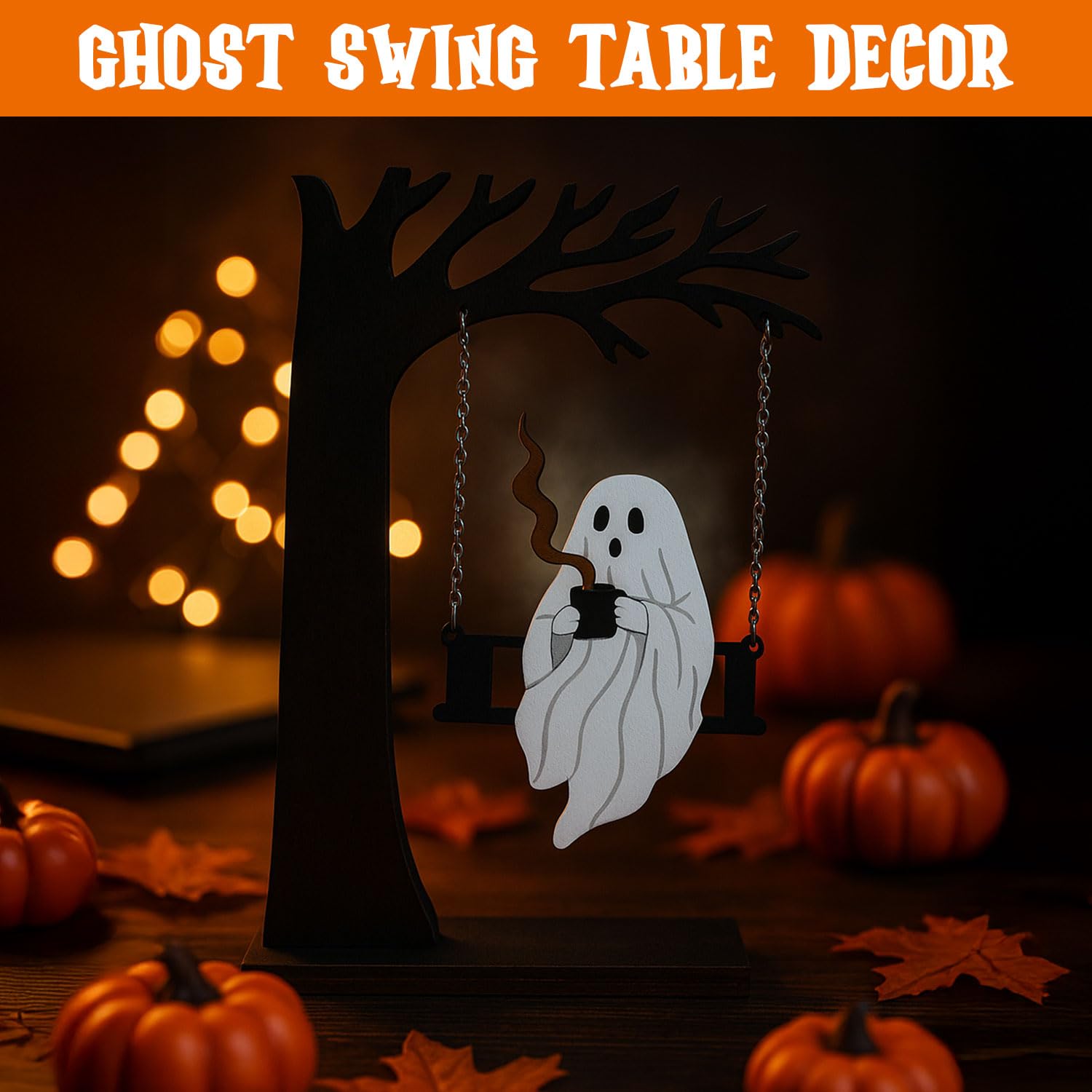 Hanging ghosts Halloween decor with detailed ghost on a swing and chain links