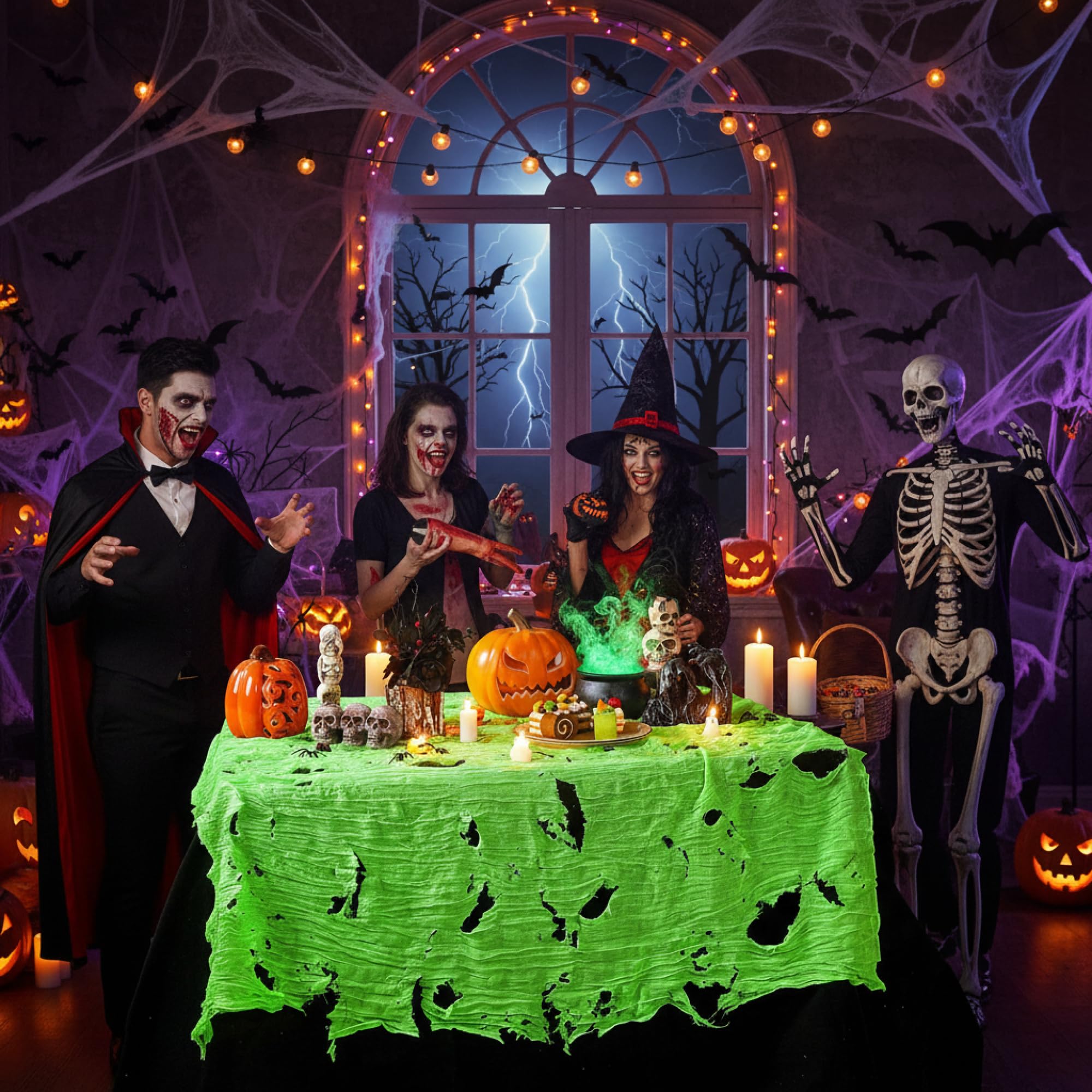 Mantel scarf drape with Halloween green gauze