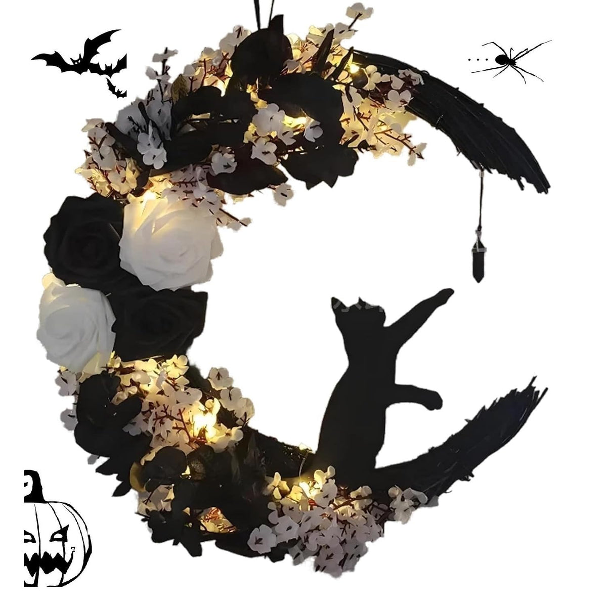 Moon cat Halloween wreath on grapevine for front door
