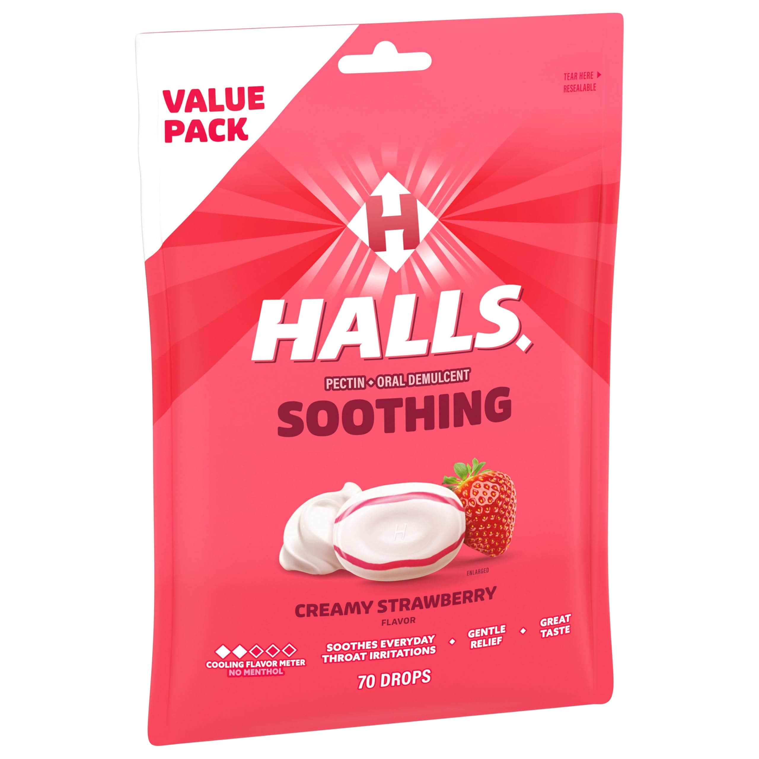 Resealable bag packaging for HALLS throat drops on the go