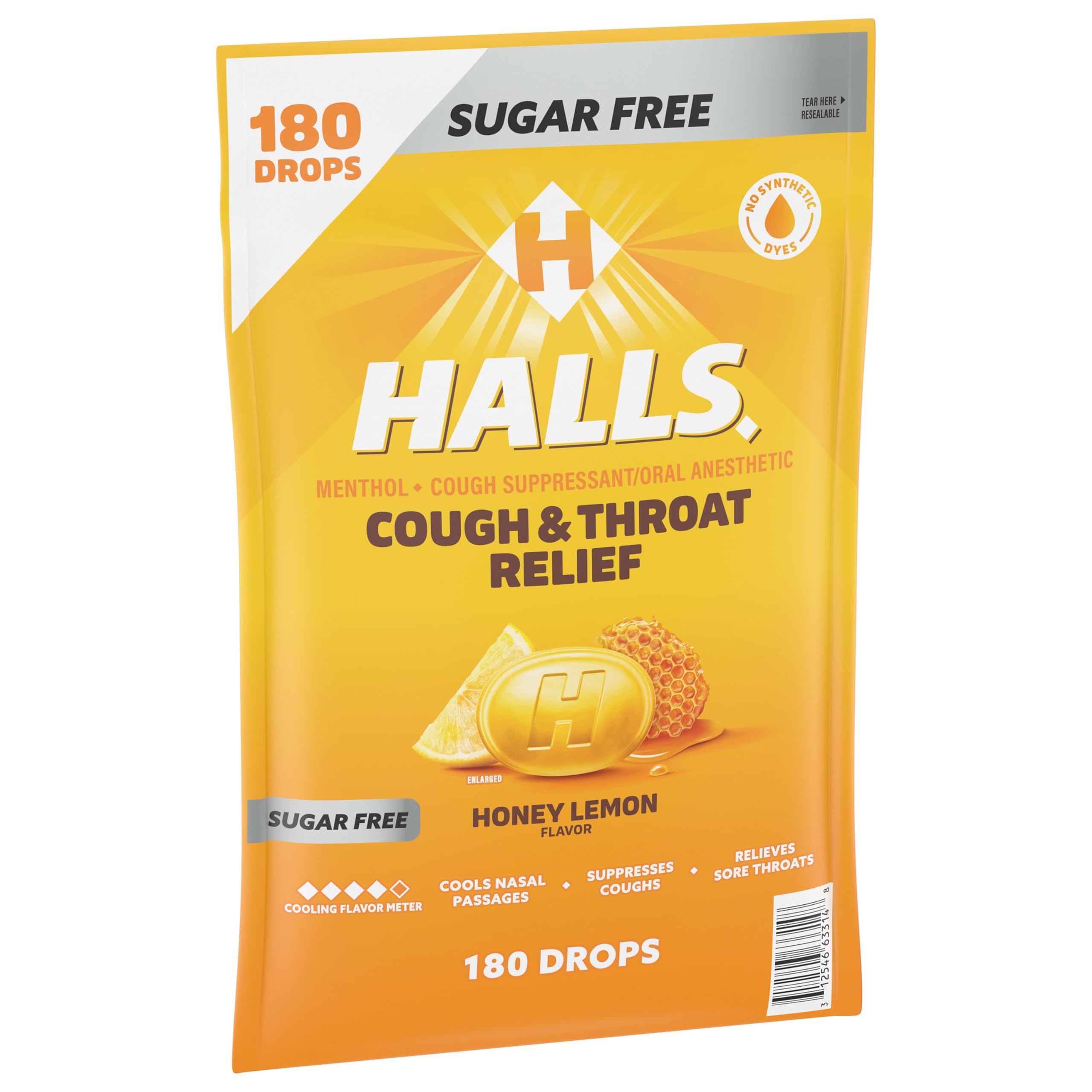 HALLS throat relief drops honey lemon sugar free