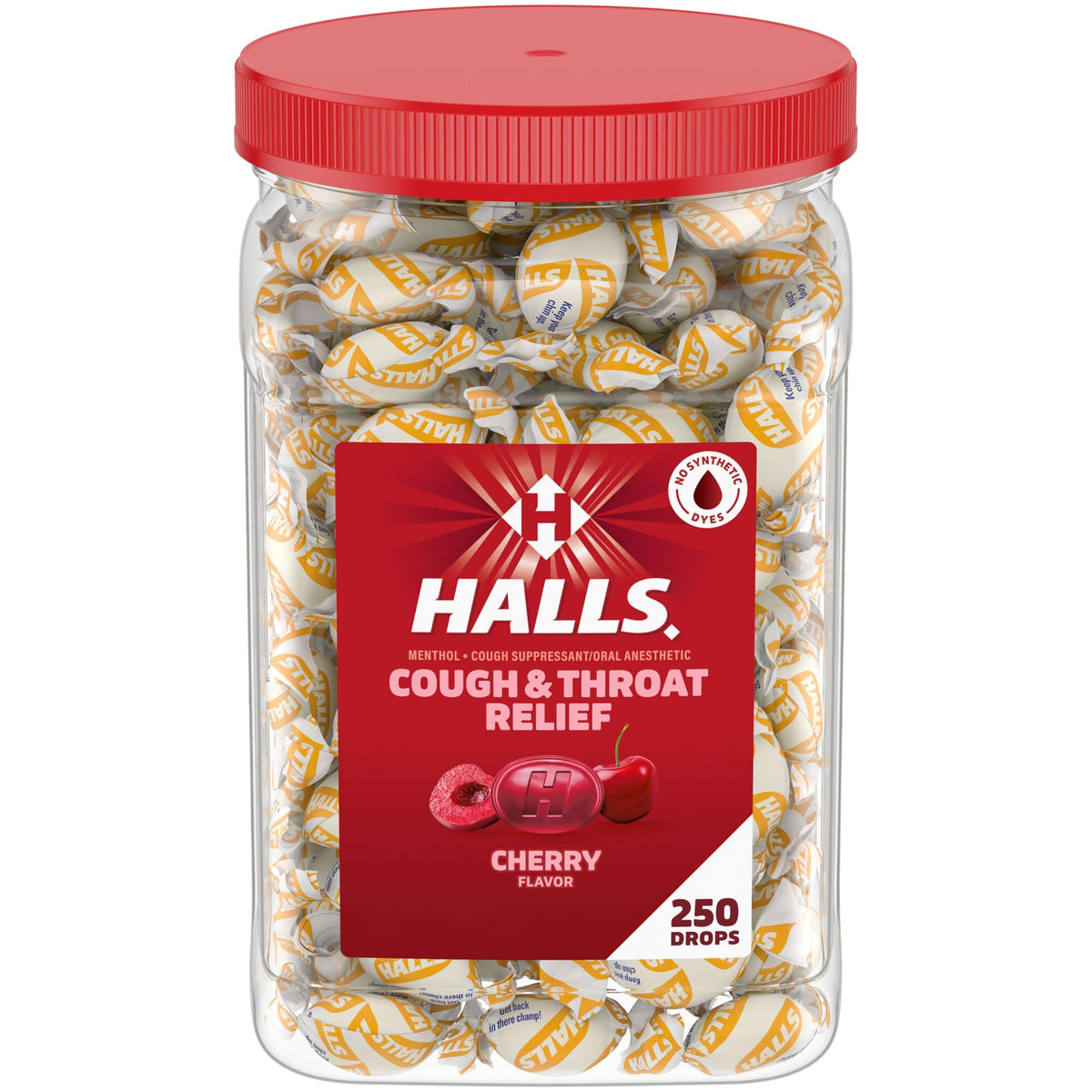 bulk pack jar of HALLS cherry cough drops 250ct