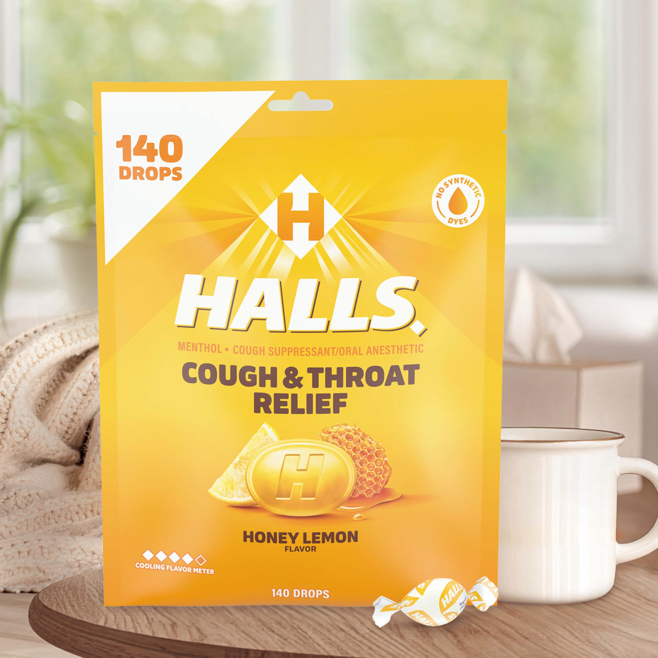 Halls sore throat relief drops honey lemon flavor