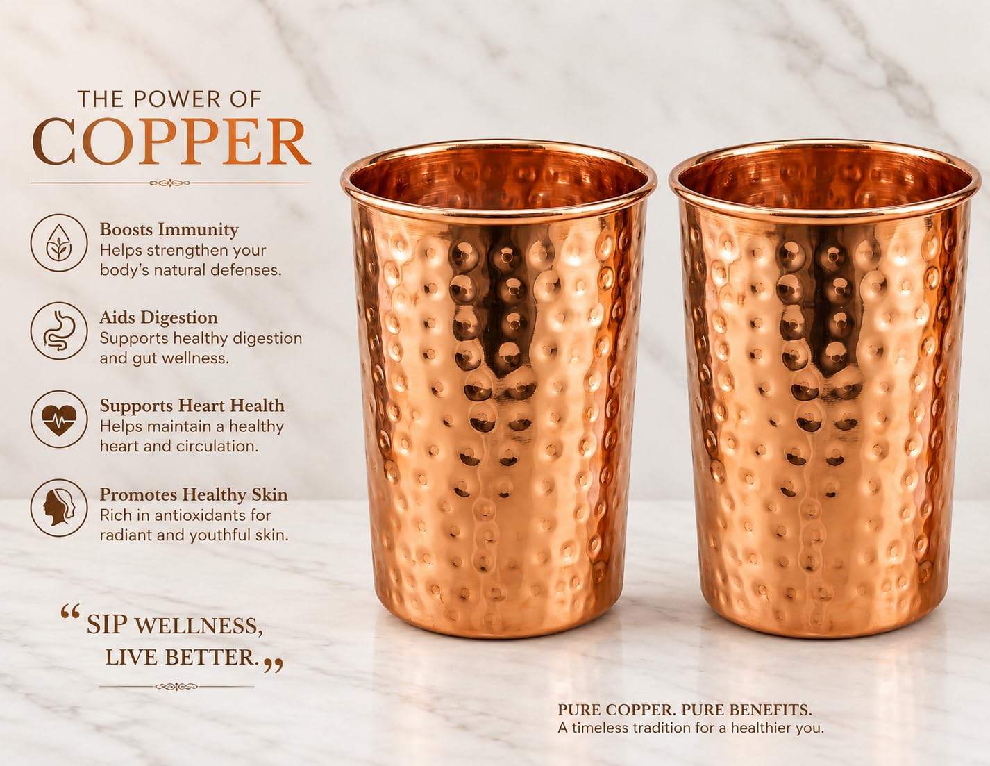 Copper drinking cups 300 ml capacity Cuvera hammered design