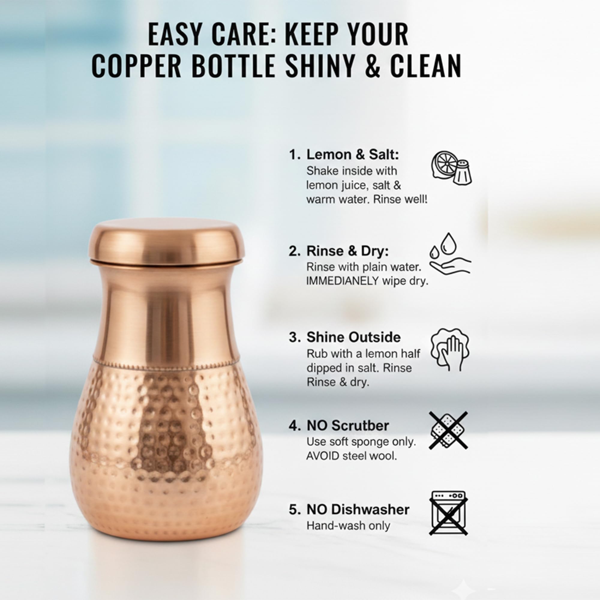 Hammered copper carafe with wide-mouth opening