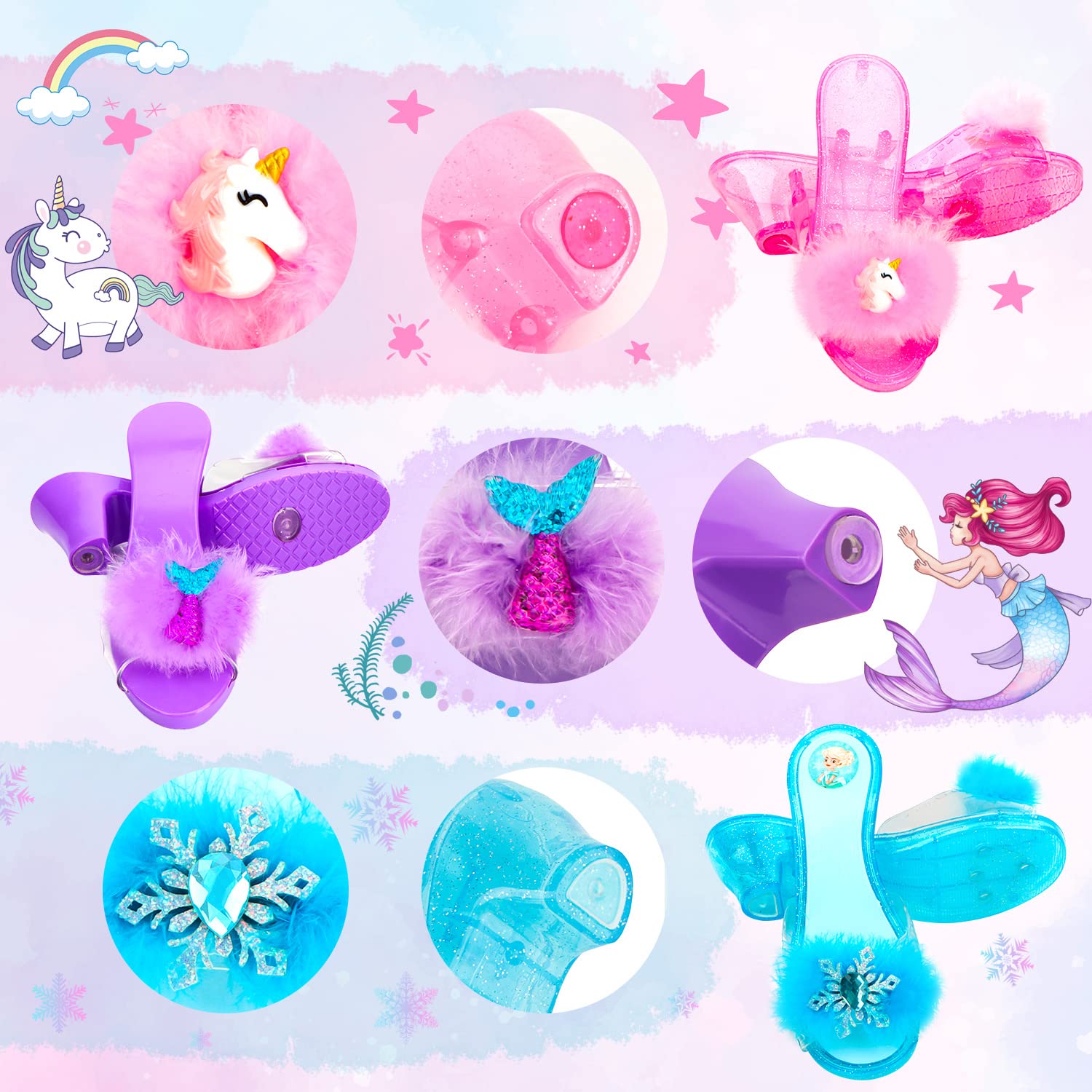 Three pairs of toddler princess heels with accessories
