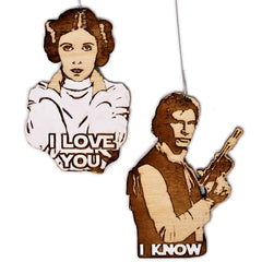 Han and Leia ornament set handmade in USA birch wood 3x2 inch