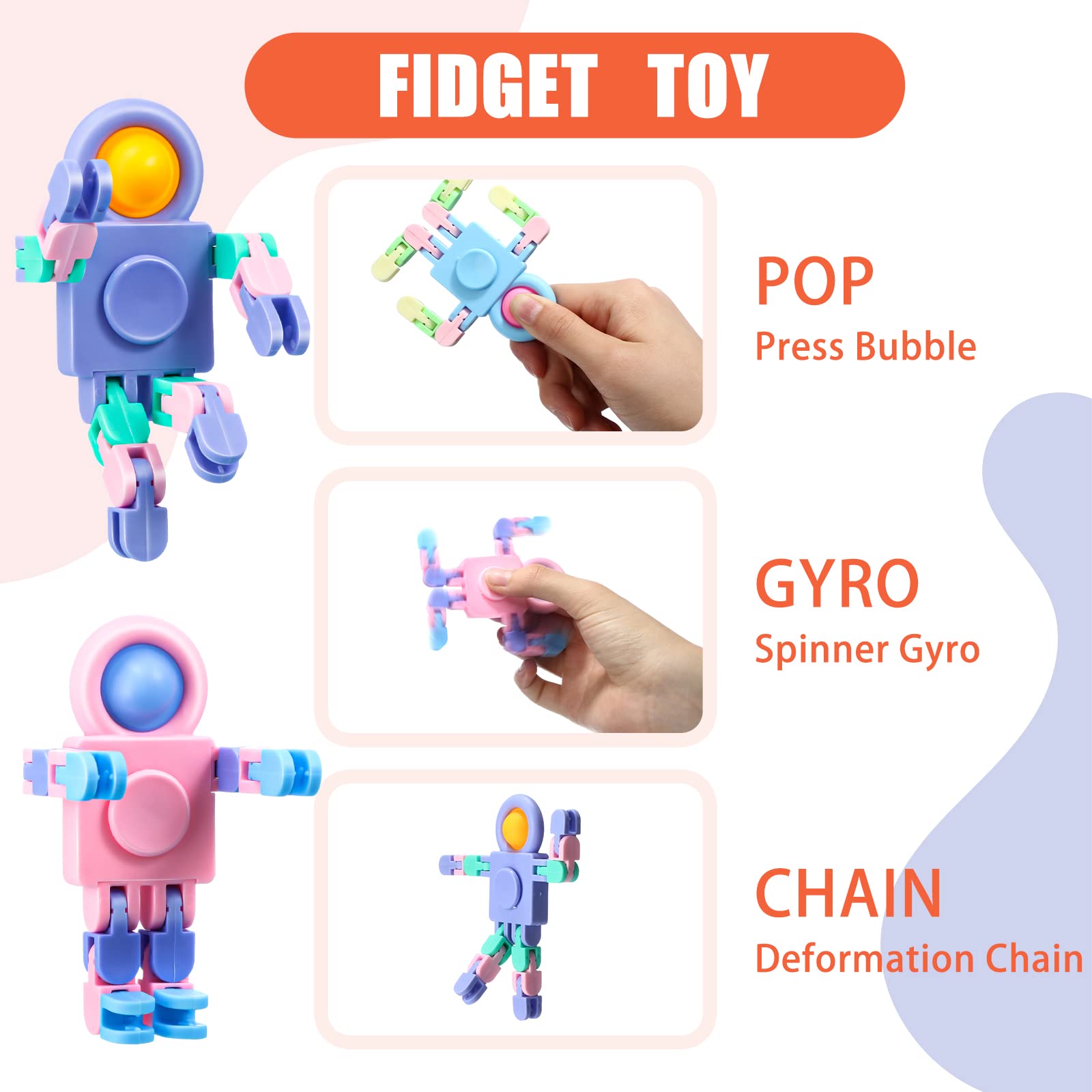 robot fidget spinner toy with button rotator and chains close up