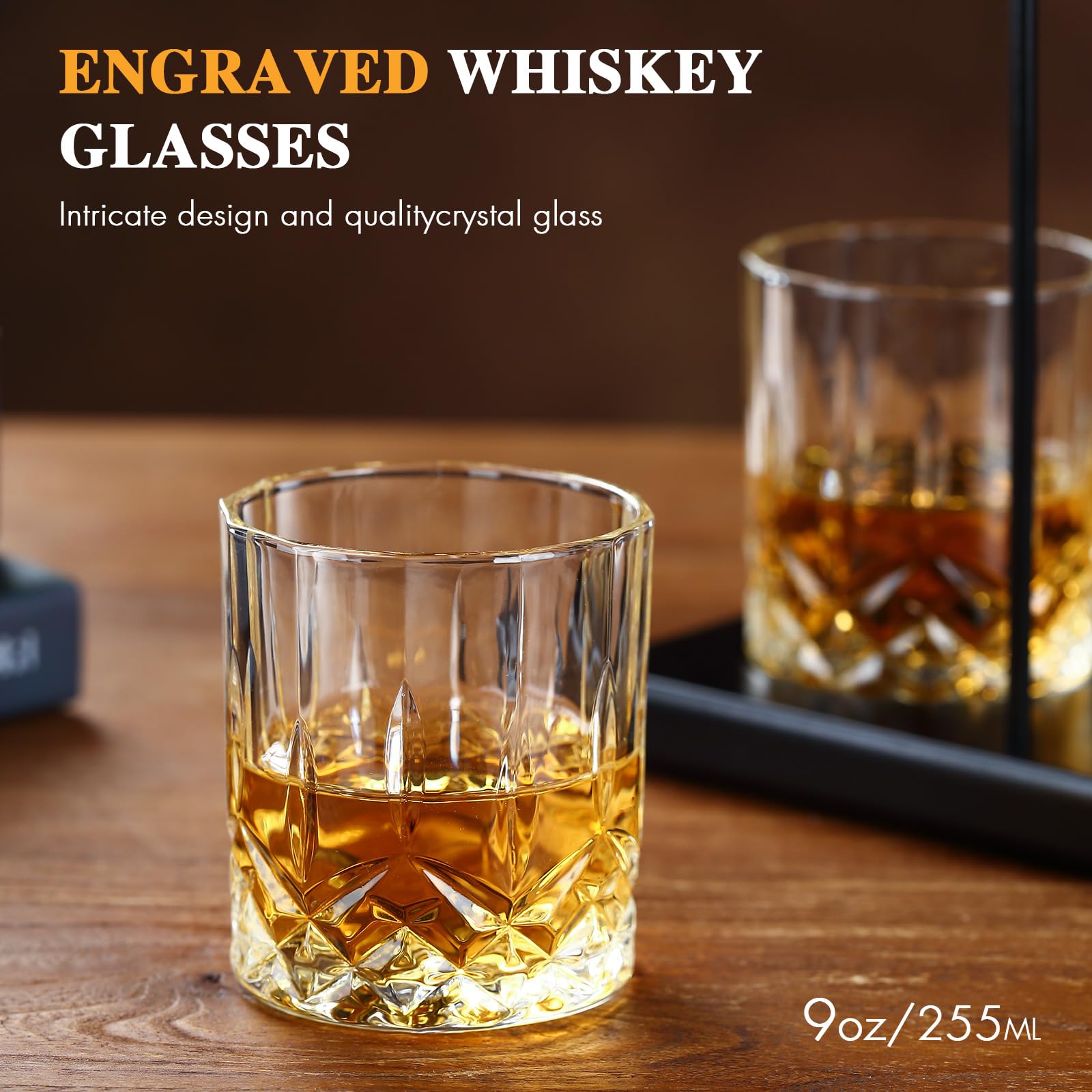 Glass body etched with magazine detailing