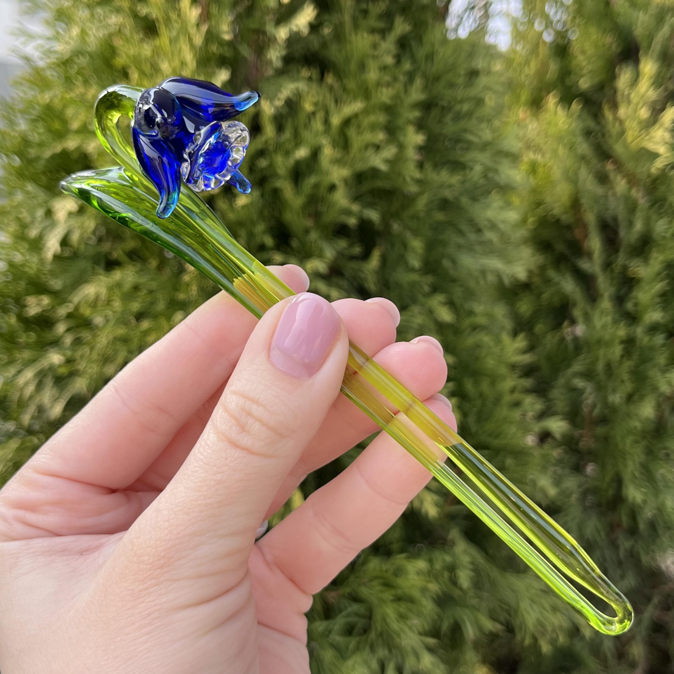 Hand blown Murano Style sculpture blue bellflower figurine close up