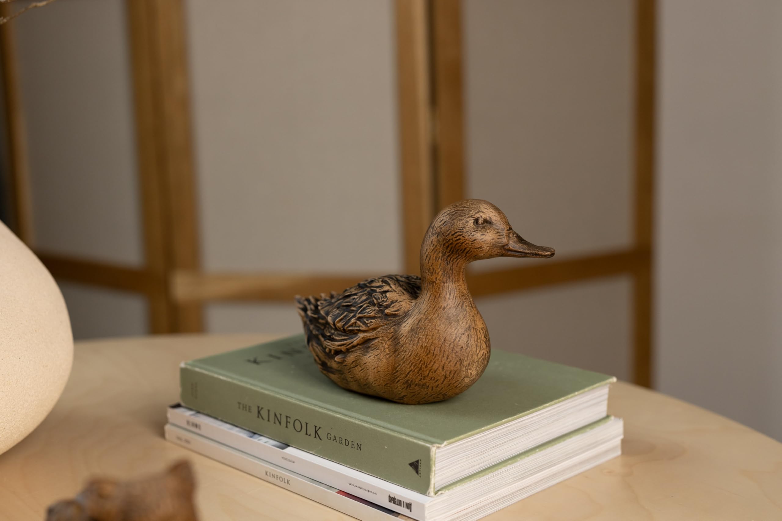 Wood duck decor statuette with polished finish