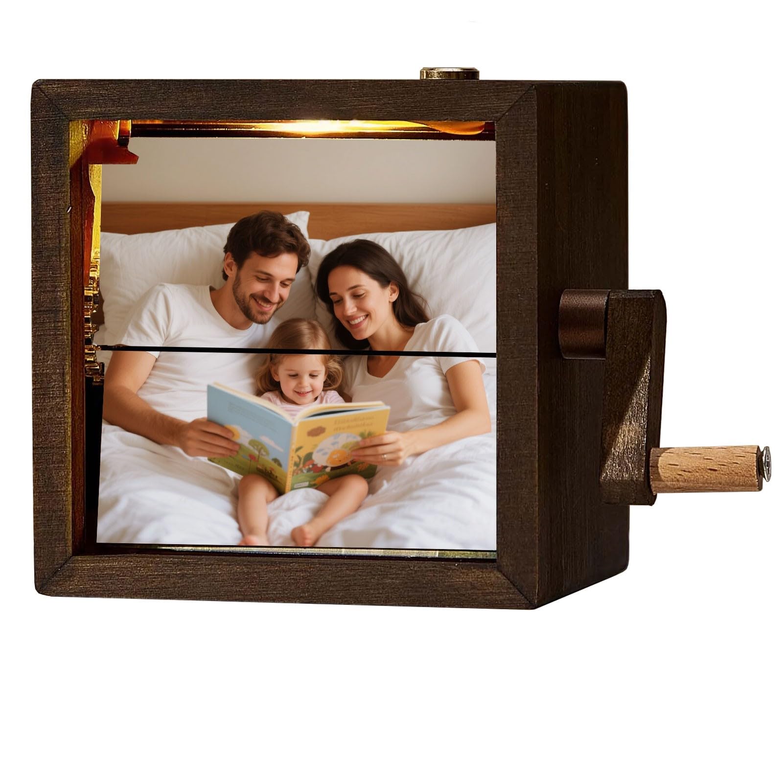 Hand crank photo album with mechanical frame close up