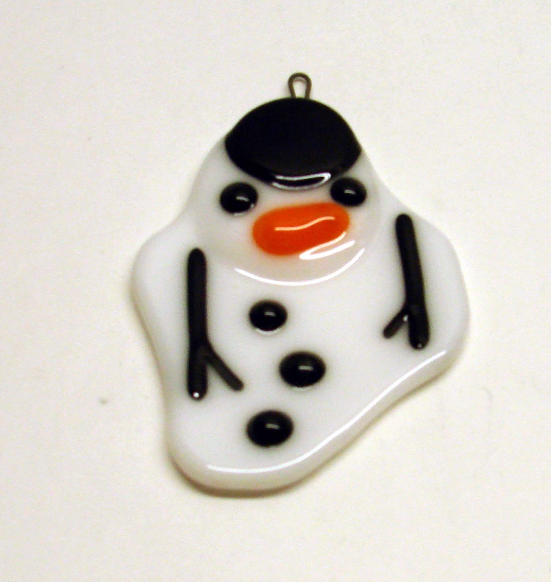 Kiln fused glass snowman ornament 3x2.25 inches