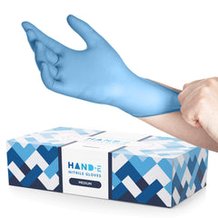 Hand-E disposable blue nitrile gloves medium in box