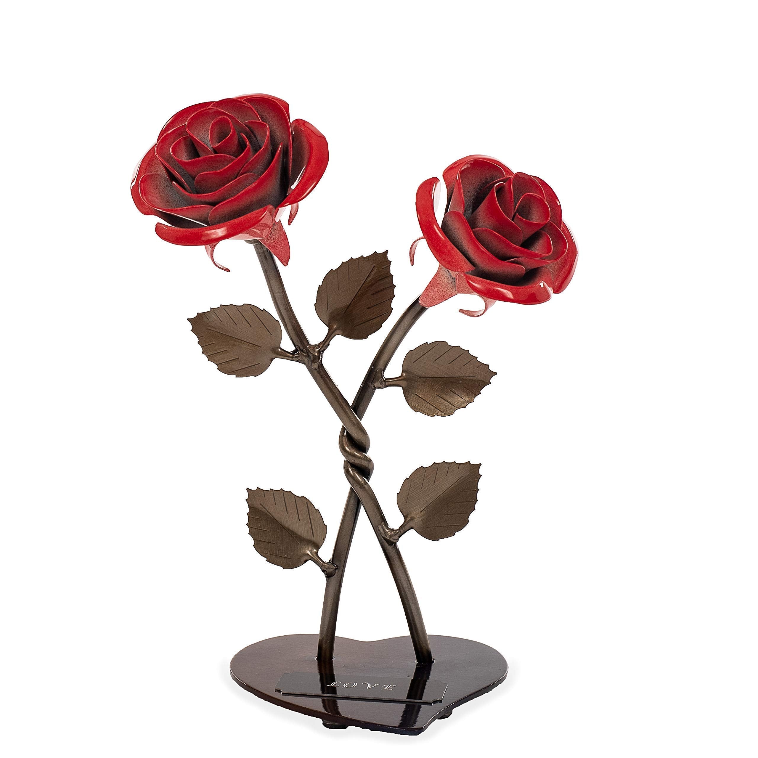 Hand-forged wrought iron double red rose 8.5 inches tall