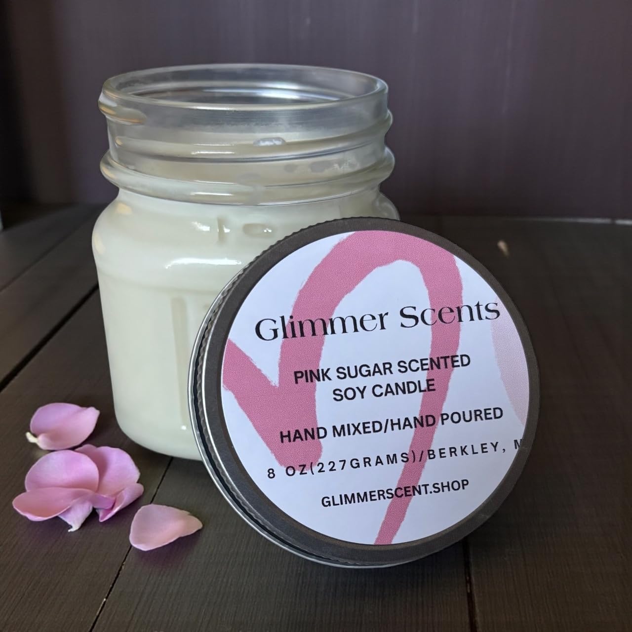 Hand mixed and poured wickless candle 8 oz glass jar by Glimmer Scents