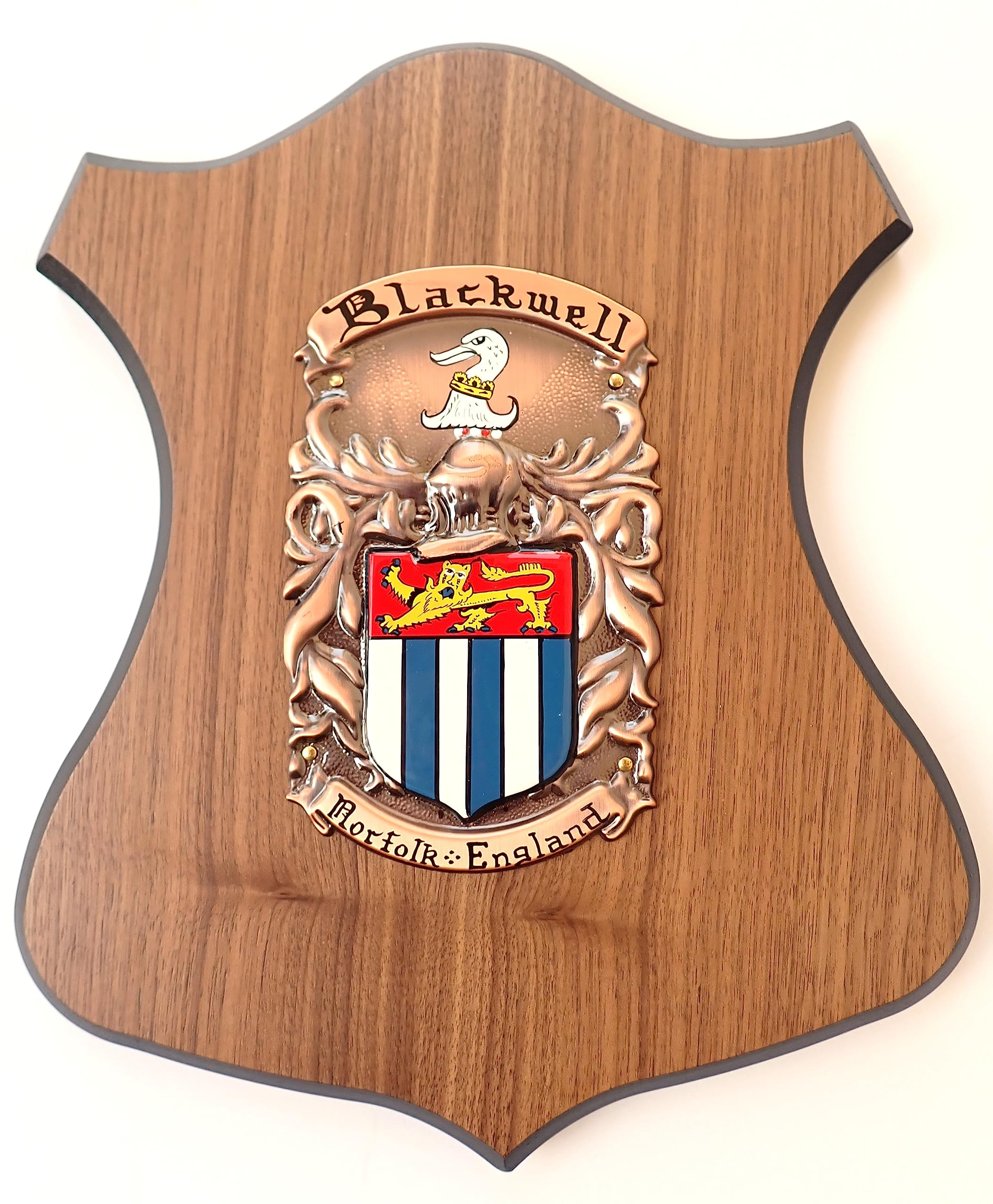 Hand painted family crest on copper and walnut wood plaque