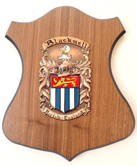 Hand painted family crest on copper and walnut wood plaque