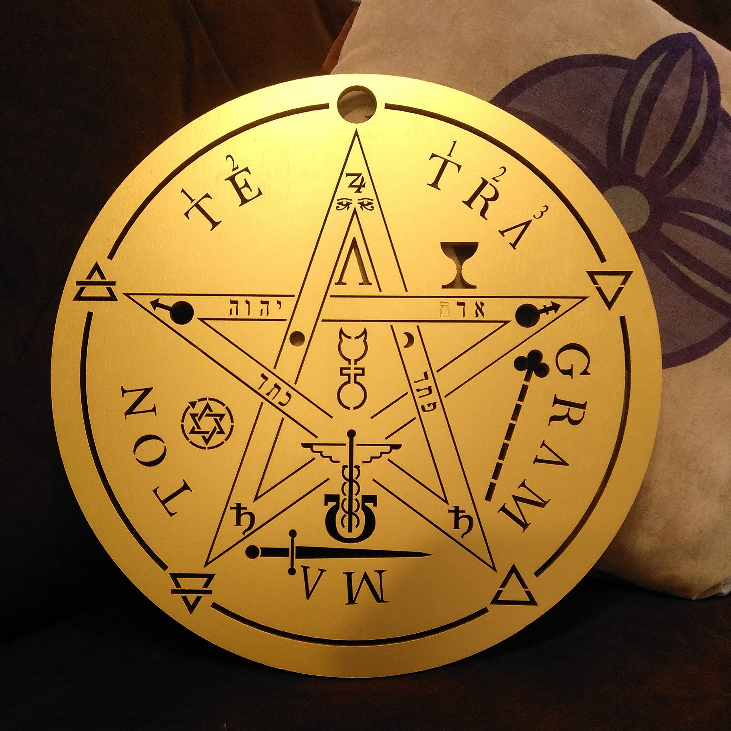 Wooden pentagram diameter 30 cm with perforated symbols