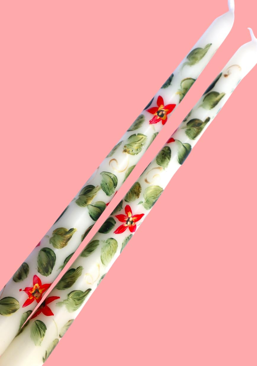 White 10 inch hand painted poinsettia taper candle