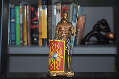 Hand-painted centurion statue with scutum shield and spear