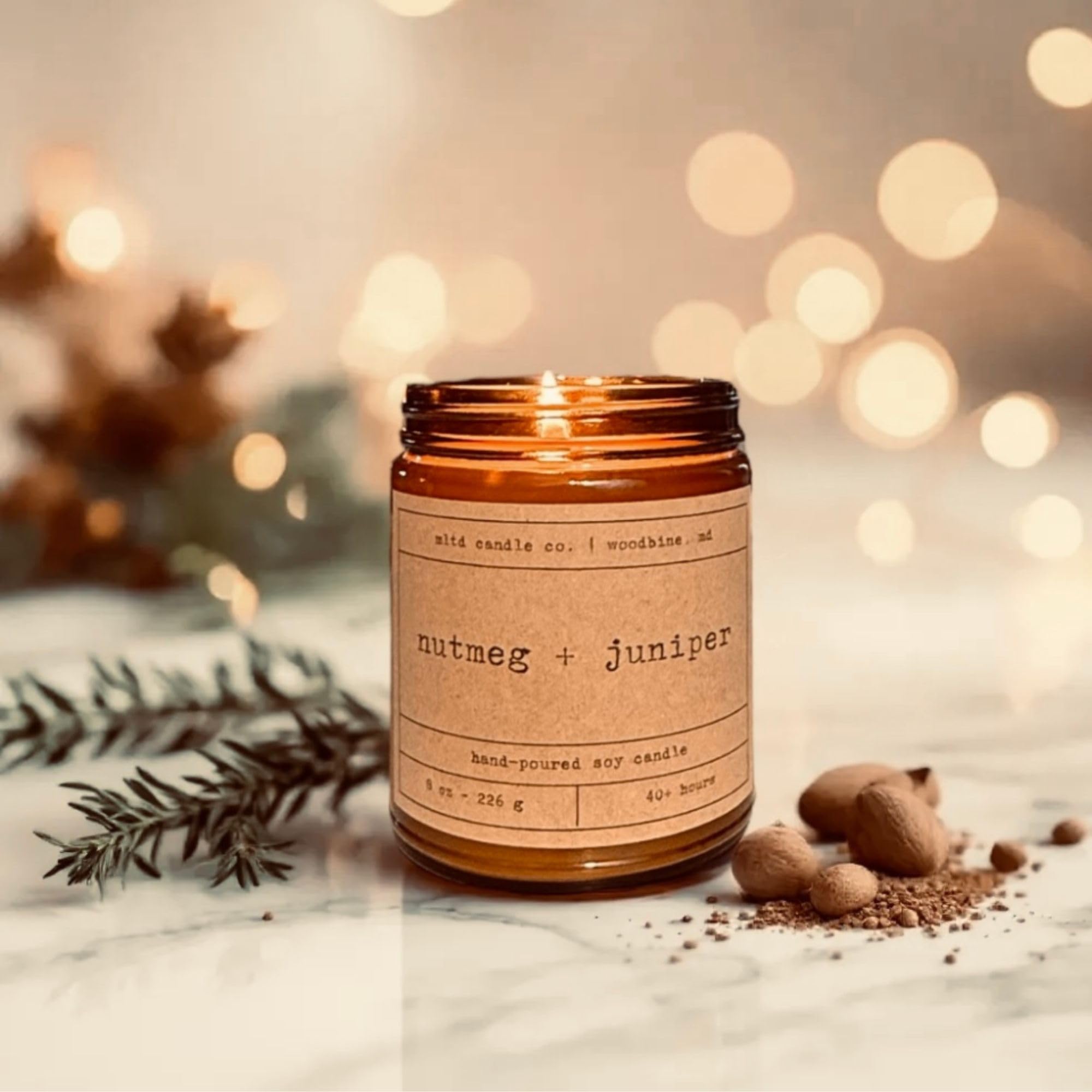 Hand-poured USA made Nutmeg + Juniper Soy Candle 8 oz