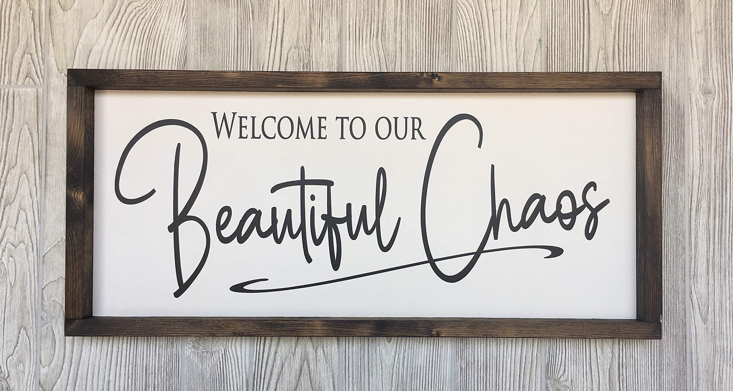 Hand stained pine frame and soft white background lettering